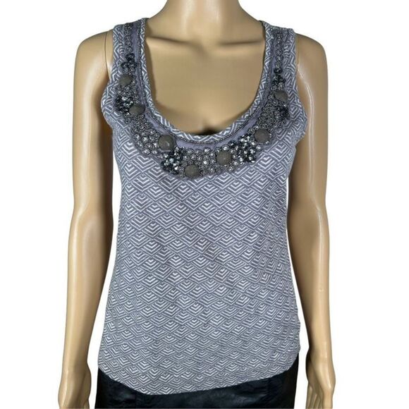 Anthropologie Deletta Women's Gray & Cream Jeweled Neckline Tank Top Siz… - Picture 1 of 8